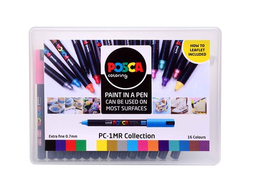 Posca Pens PC-1MR Ultra Fine Acrylic Felt Tip Coloured Permanent Paint Markers for Adults, Kids. Perfect for Colouring, Fabric, Graffiti, Watercolour, Outline Drawing, Window and Glass Art. 16 Pack