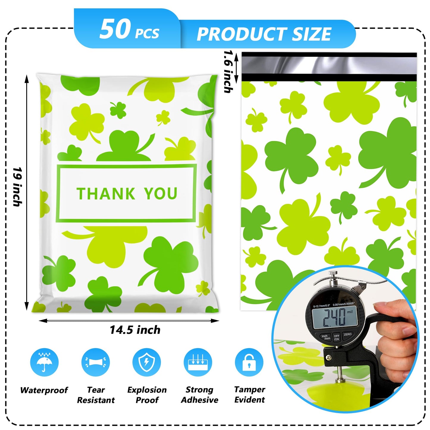 Jowlroel St Patrick's Day Poly Mailer 14.5x19 Inch 50 Pcs, Waterproof and Tear-Resistant Shipping Bags for Clothing, Poly Bags for Shipping, Clovers Printed Packaging Bags