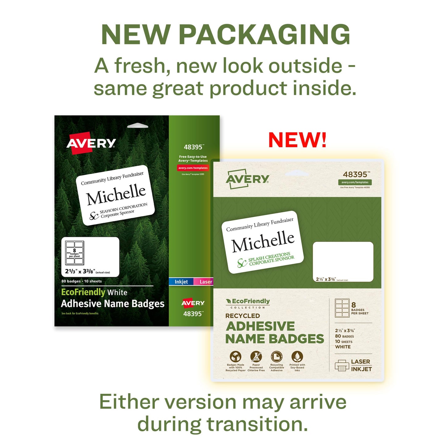 Avery EcoFriendly Recycled Name Tags, 2-1/3" x 3-3/8", White, Removable Adhesive, 80 Printable Name Badges (48395)