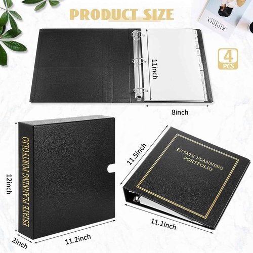 Feifeiya 4 Pcs Estate Planning Portfolio Binders with Gold Title in Case I Die Organizer with Index Tabs and Slipcase PU Leather 3 Ring Binders 11.5 x 11 x 2.5 Inches (Black)