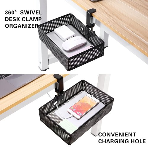 Euyona Mesh Desk Organizer and Clamp-on Swivel Pencil Drawer, Desk Hidden Extra Sturdy C-Clamp Mount System and Easy to Instal, Home Office Art Supply Storage Box (Black)