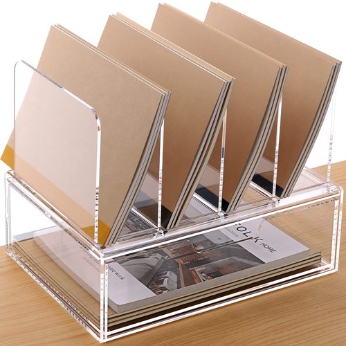 DINGHUO Acrylic Desk Organizer, 4 Sections Upright Sorter Desk Accessories Paper File Organizer with Drawer Letter Tray, Clear Office Supplies - 1 Pack