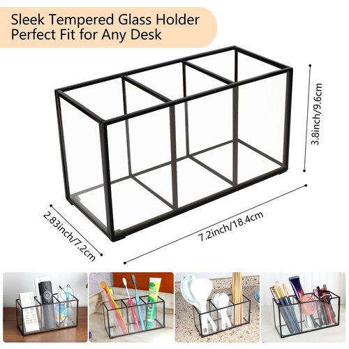 Pencil Holder for Desk,Tempered Glass Pen Holder,3&4 Compartments,Desktop Storage Organizer for Office Supplies,School Supplies,Pens,Markers,Pencils,Scissors,Paperclips (Black, 3 compartments)