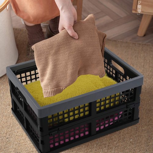 DynkoNA 3 Packs Folding Plastic Storage Basket, 15 L Black Stacking Collapsible Crate
