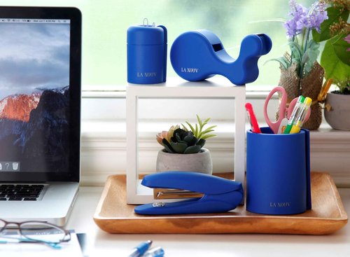 Blue Desk Accessories Set – 4-Piece Chic Office Supplies Kit (Stapler, Pen Holder, Tape Dispenser, Paper Clip Holder)