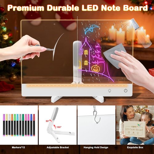 Lumi Rechargeable LED Drawing Board - Large 15.8"x11.9" Acrylic Dry Erase Board with 12 Markers & 7 Colors | Perfect for Gifts