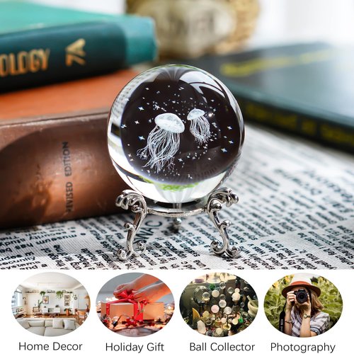 HDCRYSTALGIFTS 3D Laser Engraved Jellyfish with Star Ocean -2.3inch (60mm) Crystal Decorative Ball Figurine Glass Full Sphere with Silver-Plated Stand Home Art Decoration