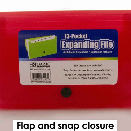 BAZIC Products Expanding File Folder 13 Pockets, Coupon Size Plastic File Folders w/Color Tabs Pocket, Home Office Supplies, Check Bills Receipts Organizer, 24-Pack