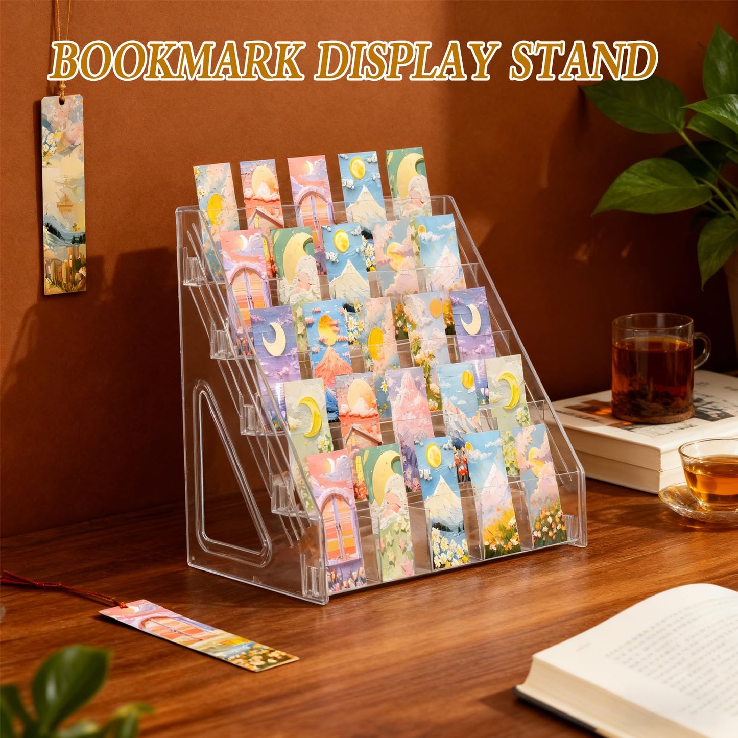 HFYZZ 2 Pcs Acrylic Bookmark Display Stand, 5 Tier Clear Bookmark Riser with 25 Compartments for 2. 5'' Bookmarks, Portable Sticker Holder Greeting Card Display for Business Vendor Retail Store Shop