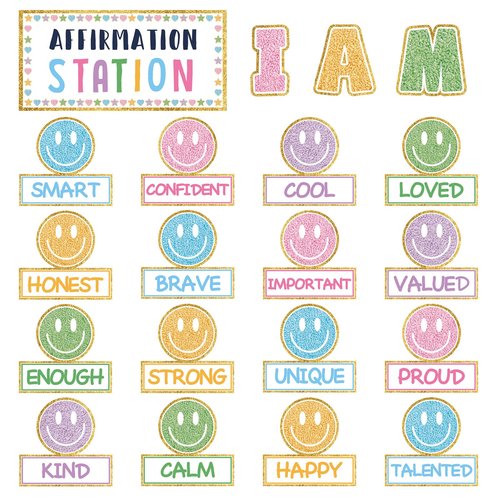 FYSUIMU Boho Smile Face Affirmation Station Bulletin Board Set Positive Sayings Pastel Happy Face Cutouts for Back to School Classroom Chalkboard Wall Decor