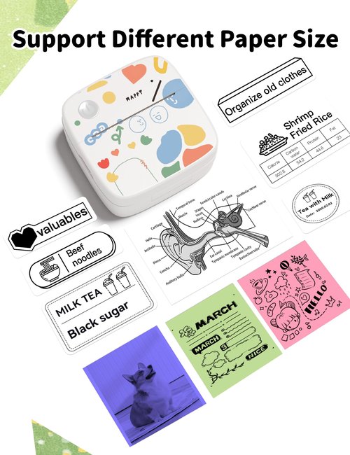 Sticker Printer Print Pod, Mini Portable Printers with 8 Rolls Paper, Inkless Sticker Maker Bluetooth Pocket Printer for Organization,DIY,Crafts,Journal,Study,Work,Label Compatible Phone&Tablet White