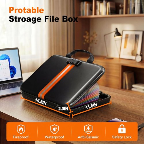 Fireproof Accordion File Organizer - Hard-Shell Document Box with 13 Pockets for Safe Storage