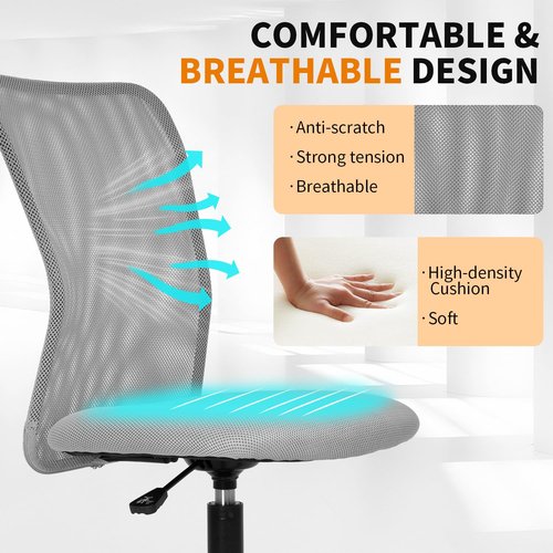 Ruesleag Home Office Chair Ergonomic Mid-Back Mesh Desk Chair Computer Armless Executive Task Chair Lumbar Support Armrests Swivel Rolling PC Chairs Small Meeting for Adults,Grey