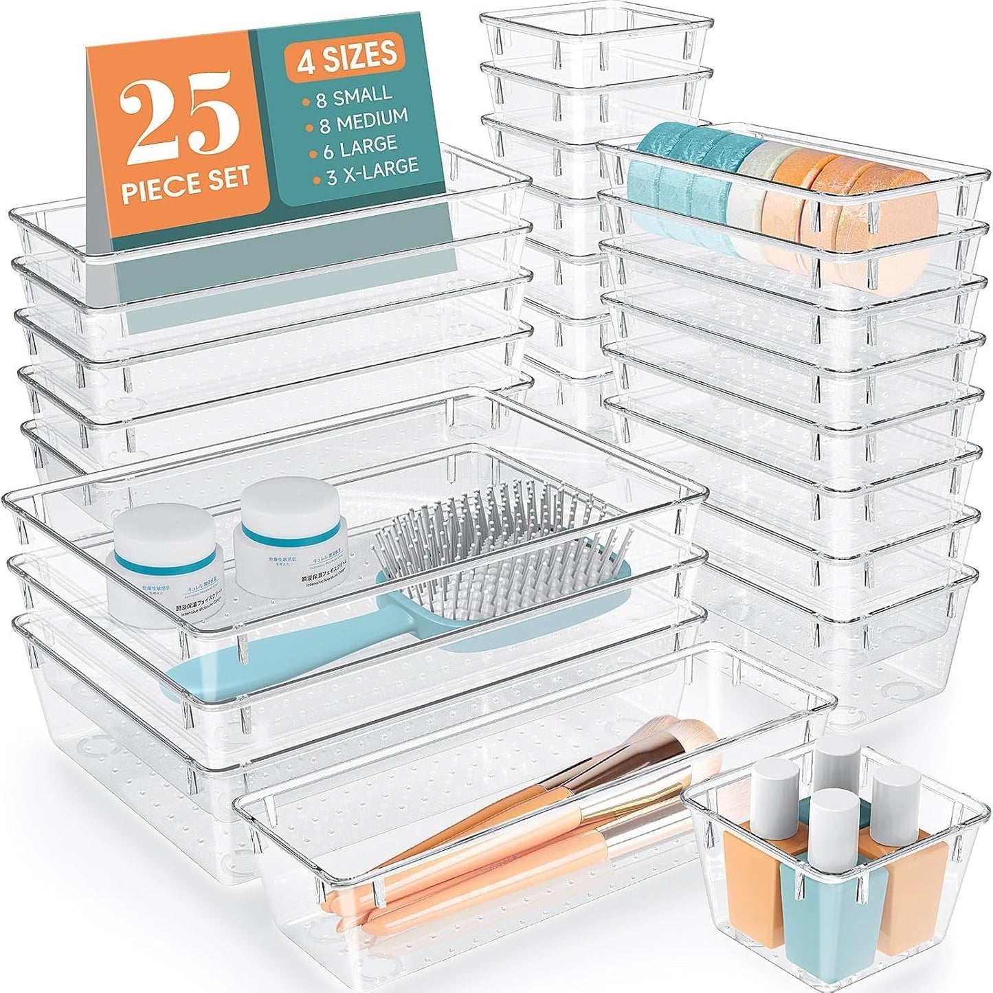 WOWBOX Clear Plastic Drawer Organizer Set - 25 PCS with 4 Sizes for Makeup, Jewelry & Gadgets | Versatile Storage Bins for Home & Office