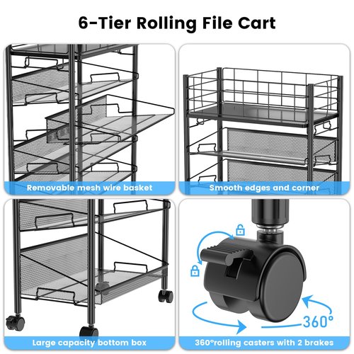 Shrivee Rolling File Cart with Wheels, 6 Tier Metal Rolling File Organizer Cart Beside Desk,Mobile Book Carts with Wheels for Office Home School Teacher Classroom Paper Letter Organization,Black