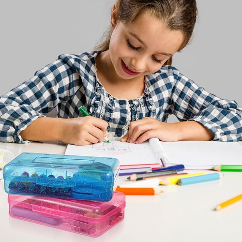 Cholemy 6 Pcs Plastic Pencil Box Large Capacity Glitter Clear Pen Box Hard Pencil Case with Snap Tight Lid Translucent Storage Organizer for Storing Office School Supplies(Red, Blue and Yellow)