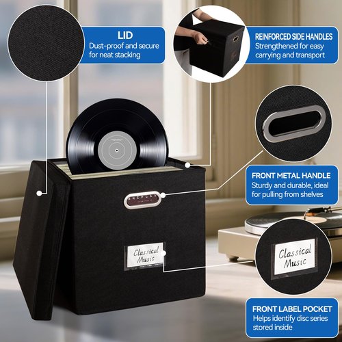 ComfortKeeper 1 Pack Vinyl Record Storage Box with Lid, Holds up to 50 LPs, 12.6"x12.6"x12.6" Durable 600D Polyester Organizer, Sturdy Handles & PVC Label Holder for 12" Records Collection, Black