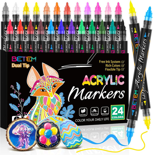 Betem Acrylic Paint Markers - Dual Tip 24-Color Set with Automatic Ink Control | Fine & Flexible Brush Tips for DIY Crafts