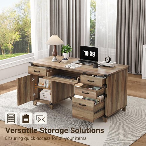 59" Farmhouse Executive Desk with Keyboard Tray,Wooden Computer Desk with Scratch-Resistant Wear-Resistant for Office, 5 Drawers,Home Office Workstation with wFile Cabinet Storage