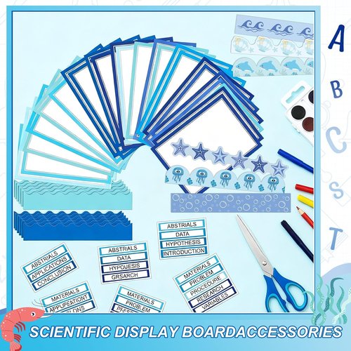 Fuyoooo Science Fair Board Supplies - 90 Pcs with 60 Trim Scalloped Borders & 6 Titles (Ocean)