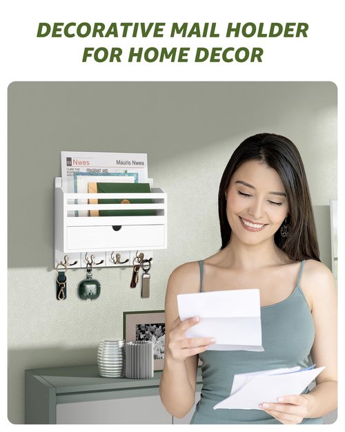Rebee Vision Decorative Mail Organizer Wall Mount - Modern Key and Mail Holder for Wall with Drawer Organizer and 7 Key Hooks - Wall Decor Living Room for Apartment Essentials (White)