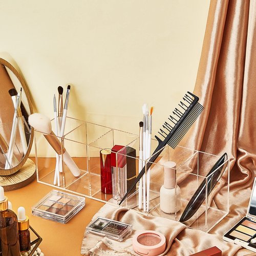2 Pack Acrylic Makeup Brush Holder 6 Compartments Pencil Organizer Cup Pencil Holder for Desk Pen Organizer Storage Pen Holder for Accessories Cosmetic Brushes Office Bathroom Kitchen Supplies (Clear)