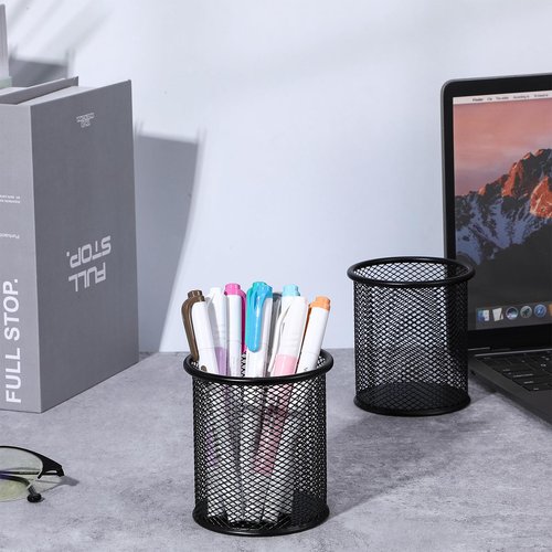 Lemecima 12 Pack Metal Pen Holder Mesh Pencil Holder Desk Organizer Mesh Round Pen Cup Pencil Cup for Desk Office Pen Organizer, Black