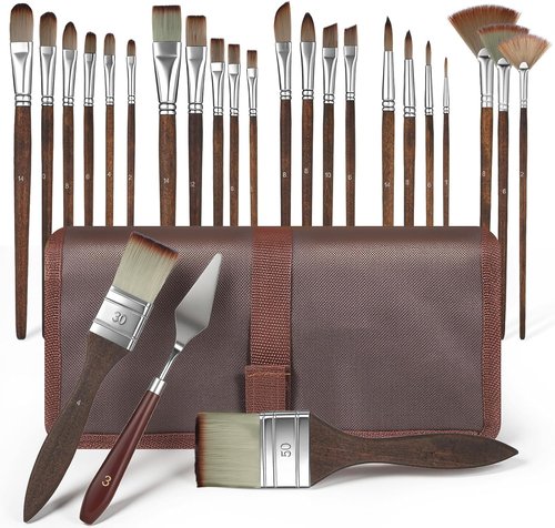 Skiennix 25-Piece Paint Brush Set - Versatile Brushes for Acrylic, Oil, and Watercolor Painting | Includes Palette Knife and Cloth Roll