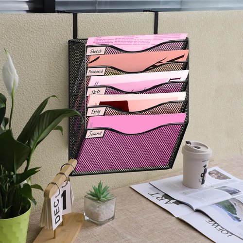 ideallife 5 Pockets Mesh Wall File Holder Organizer Office Hanging File Folder Magazine Rack, Nametag Label Hooks Set Included, Black Large Mesh