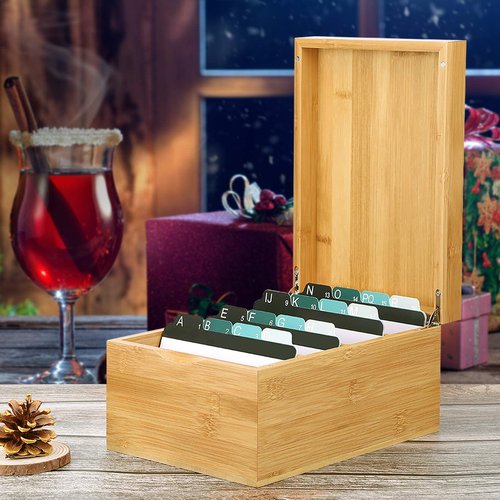 MaxGear Index Card Holder, 4 x 6Inch Wooden Business Card Organizer for Desk with 4 Dividers, Bamboo Index Cards Box with A-Z Tabs Holds 600 Cards for Recipe Flash Storage