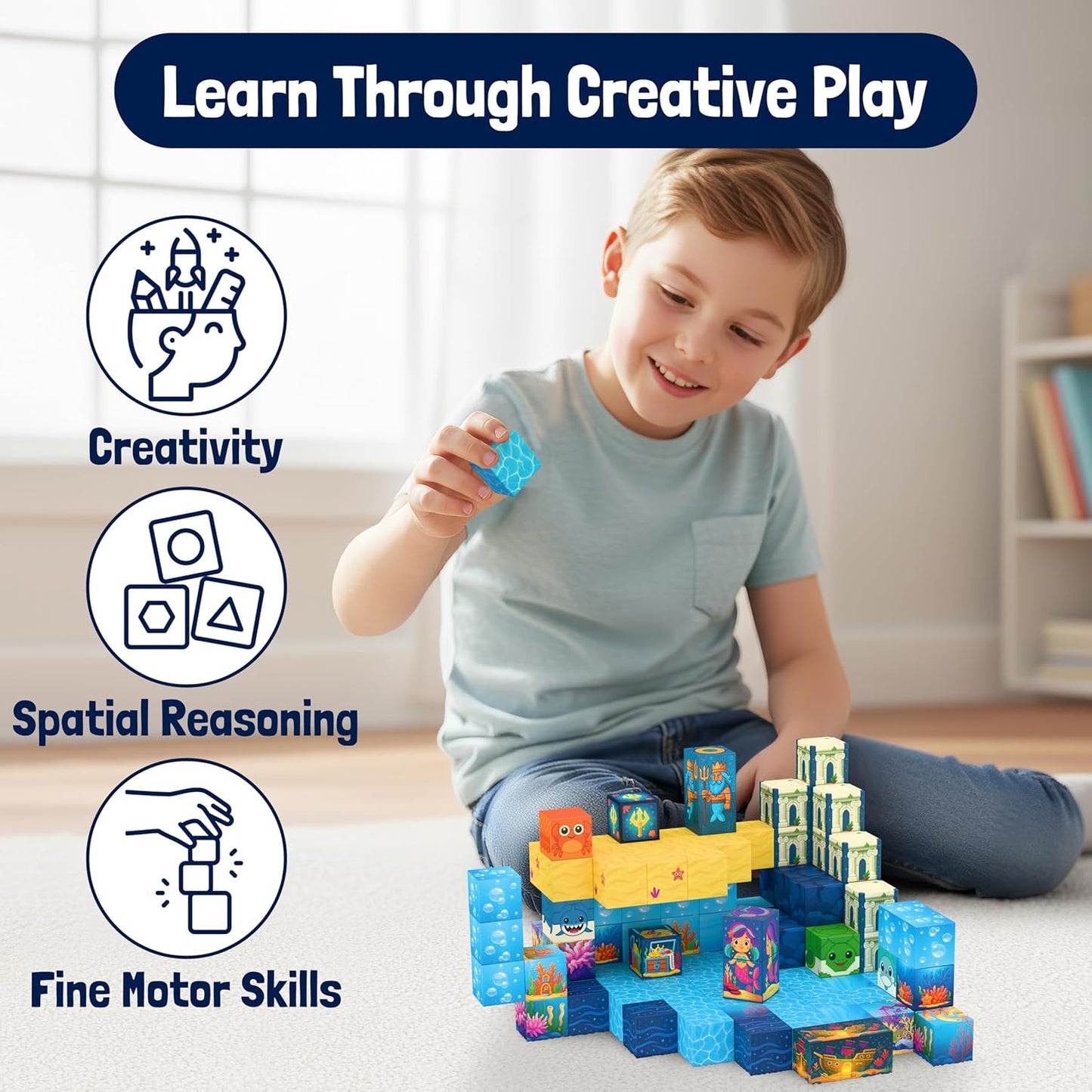 Skiennix Light Up Magnetic Building Blocks - 120 PCS STEM Educational Toy for Kids 3+ | 1 Inch Magnet Cubes
