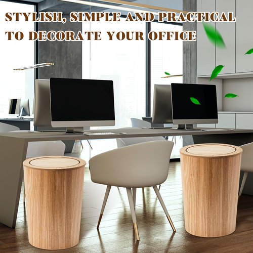 Reallnaive 2 Pieces 8 L/ 2.1 Gal Round Trash Can with Lid Wooden Garbage Can Swing Lid Waste Recycling Bin for Office Home Living Room Kitchen, 9.45 x 7.6 x 11.8 Inch