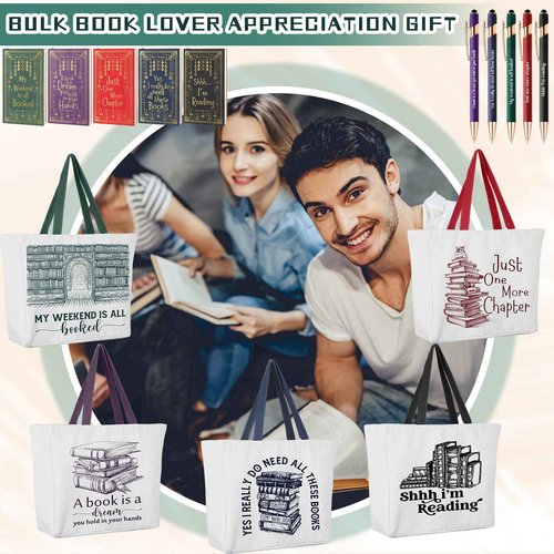 Fulmoon 10 Set Christmas Book Club Gifts Bulk Book Lovers Canvas Tote Bags with Notebooks Ballpoint Pens for Bookish Librarian Reader Women Gifts