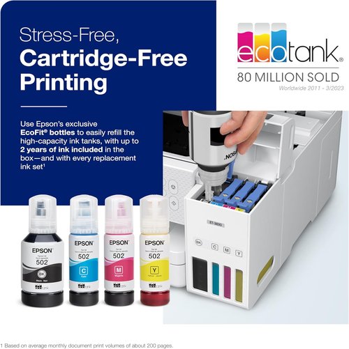 Epson EcoTank ET-3830 Wireless All-in-One Printer - Cartridge-Free, Auto 2-Sided Printing, White