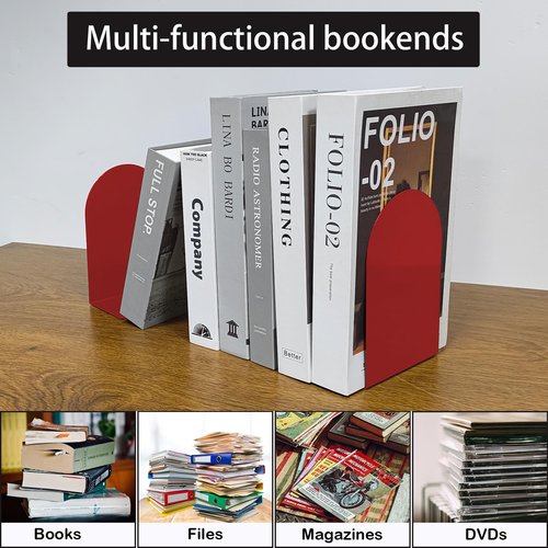 MerryNine Metal Book Ends, 4 Pack Red Bookends for Shelves, Book Holder for Heavy Books, Book End for Kids Books, Decoration Bookend for Home Office