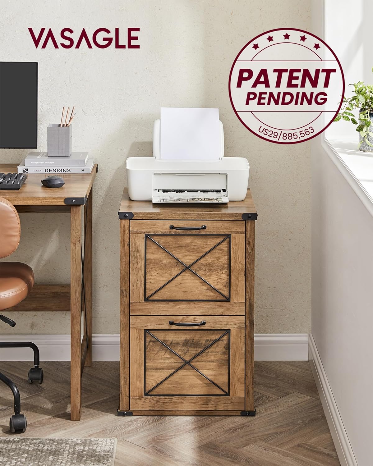 VASAGLE File Cabinet - Modern Farmhouse Filing Cabinet with 2 Drawers for A4 & Letter Size - Honey Brown