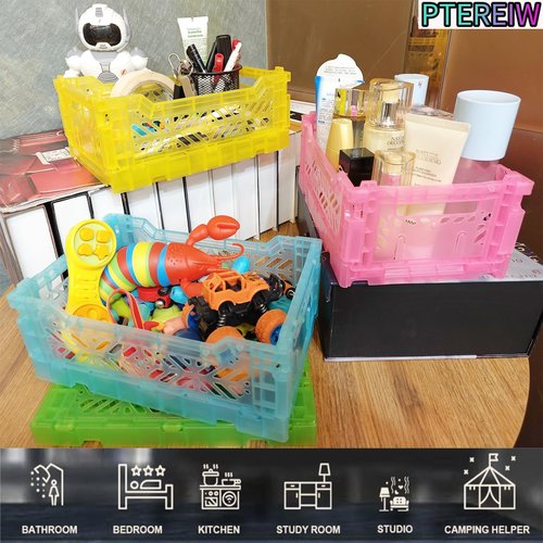 PTEREIW 4Pack Foldable Plastic Storage Crates and Bins, Collapsible Baskets for Home Office Organizer, 4L Space Saving Desk Storage Box for Small Items (Clear Pink,10.5x6.75x4.25Inch)