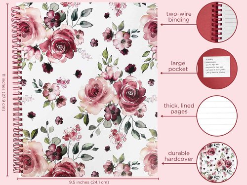 Steel Mill & Co Cute Rose Floral 11" x 9.5" Large Spiral Notebook with Durable Hardcover and 160 Lined Pages Bundle with Floral Vines Large Spiral Notebook