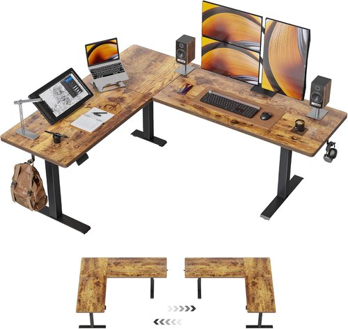 FEZIBO 63" L-Shaped Standing Desk - Adjustable Rustic Brown Corner Desk with Splice Board