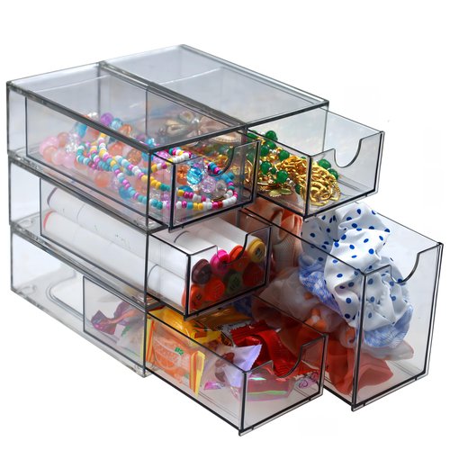 5 Pack Acrylic Makeup Organizer Clear Stackable Storage Drawers Tall Acrylic Bathroom Makeup Organizer for Cosmetic,Beauty Supplies,Ideal for Vanity, Undersink,Cabinet,Desk Home Organization