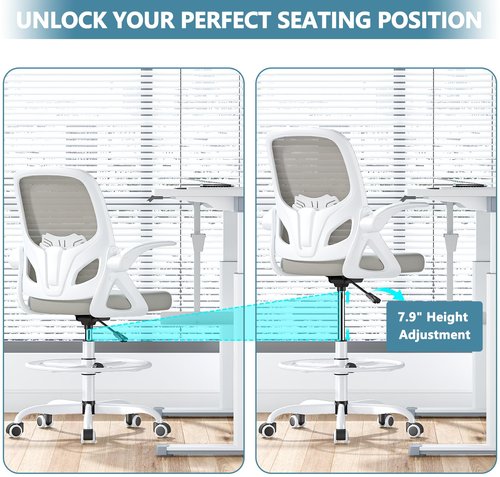 Kensaker Tall Drafting Chair with Footrest Ring for Home and Work, Ergonomic Home Desk Office Chair with Flip up Arms and Lumbar Support, Extended Height Executive Home Desk Office Chair(Gray)