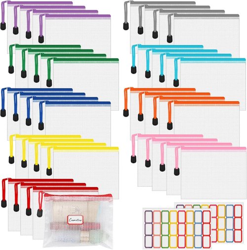 AOBOPLE Waterproof Mesh Zipper Pouches - 36pcs Colorful Organizing Bags for Travel & Office | 4.9x6.3 Inch