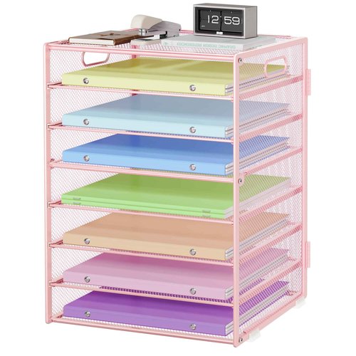 Biciyarn 8 Tier Paper Organizer with Handle, Metal Mesh Desk File Organizer, Large Capacity Desk Organizers Paper Letter Tray Desktop Document Sorter for Office, Home or School - Pink
