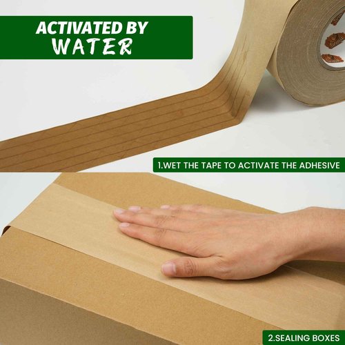 TAPEBEAR Water Activated Tape, Fiber Reinforced Gummed Tape 2inch x 165ft, Eco-Friendly Kraft Paper Tape Biodegradable Brown Packing Tape for Security Sealing, 24Rolls
