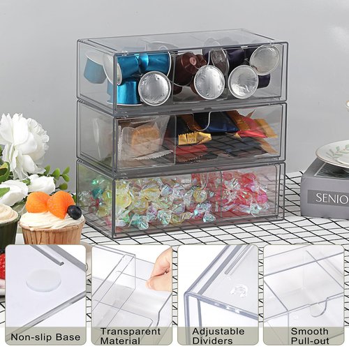 GUSHBIN Acrylic Pencil Drawer with Removable Dividers Clear Pull Out Pen Drawer Organizer Stackable Bathroom Organizer for Makeup, Cosmetics, Office Supplies,3 Pack