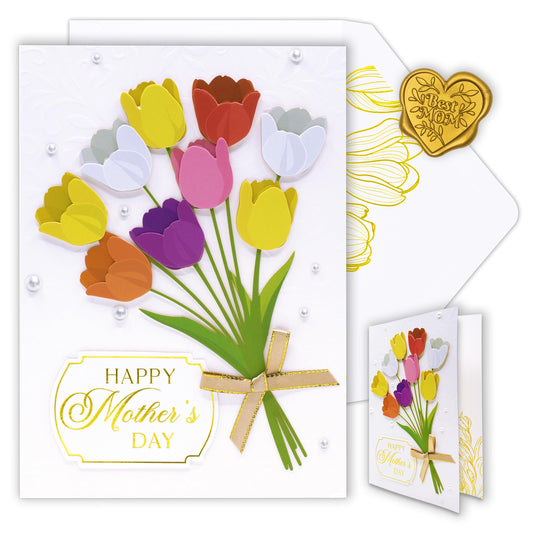 Decorably Gold-Foiled 5x7in Individual Mothers Day Cards for Daughter with Tulips Cutout, Ribbon & Pearls, with Envelope & Sealing Wax, Textured with Printed Message Inside - Gifting, Mailing