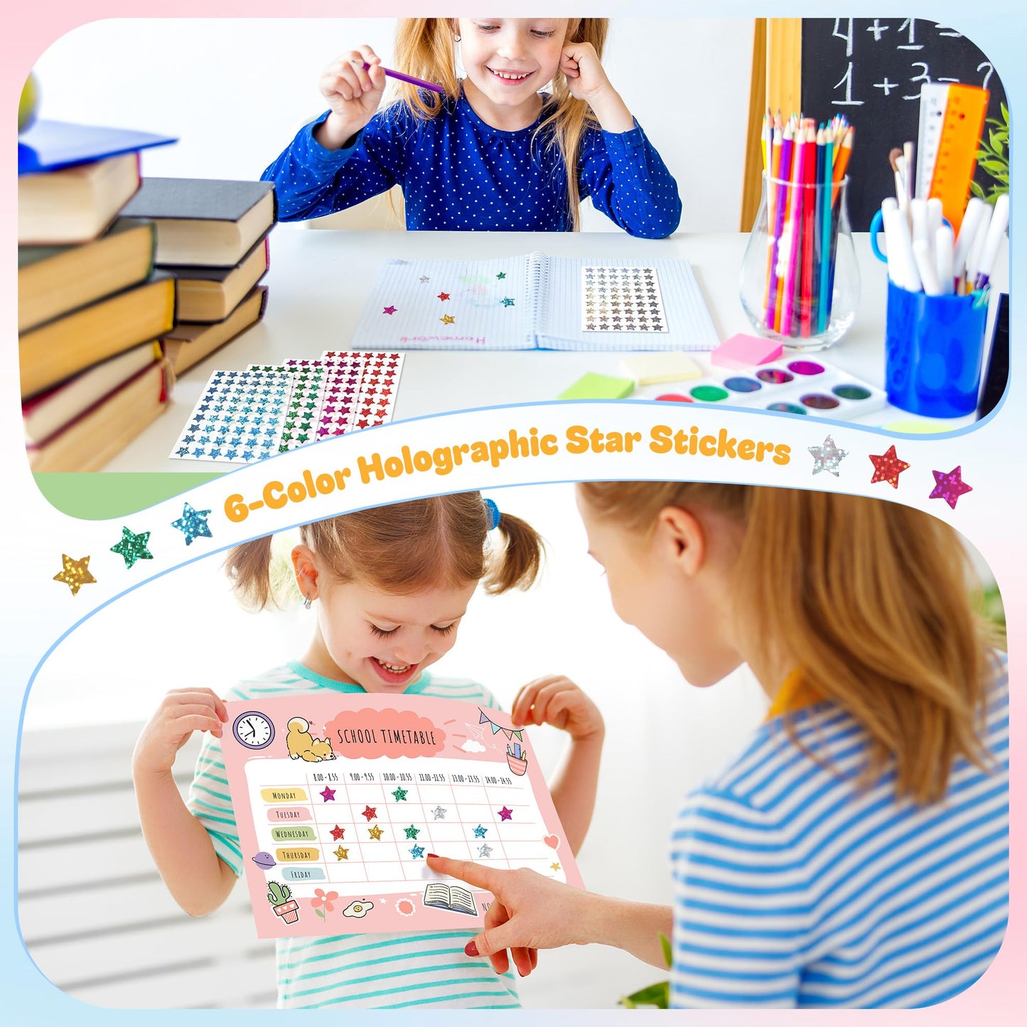 1,620 Holographic Glitter Star Stickers 0.6", 6 Colors Self-Adhesive Mini Stickers for Kids, Classroom, Teacher Supplies, Behavior Charts, Planner, Scrapbooking, Holiday, Party Favors and DIY Crafts