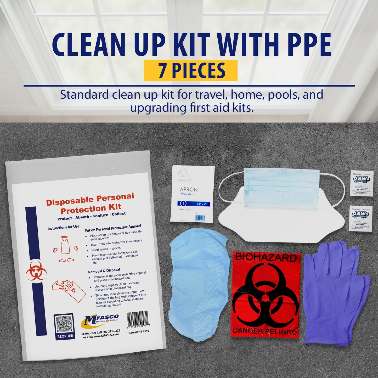 MFASCO Disposable PPE Kit with Apron & Visor - Complete Protection - Mask, Visor, Apron, Gloves, Shoe Covers - USA Assembled - Vomit, Blood, Urine & Feces Protection