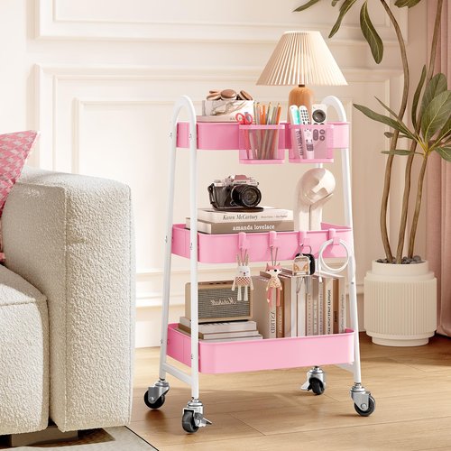 KINGRACK 3 Tier Metal Utility Rolling Cart, Rolling Storage Cart, Craft Art Cart with Handle and Locking Wheels & 2 Hanging Baskets 4 Hooks for Bathroom, Bedroom (Pure Pink with Basket and Hooks)