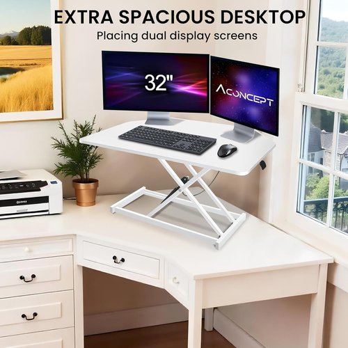 Aconcept 32-Inch White Corner Standing Desk Converter - Height Adjustable Sit to Stand Riser | Dual Monitor Workstation